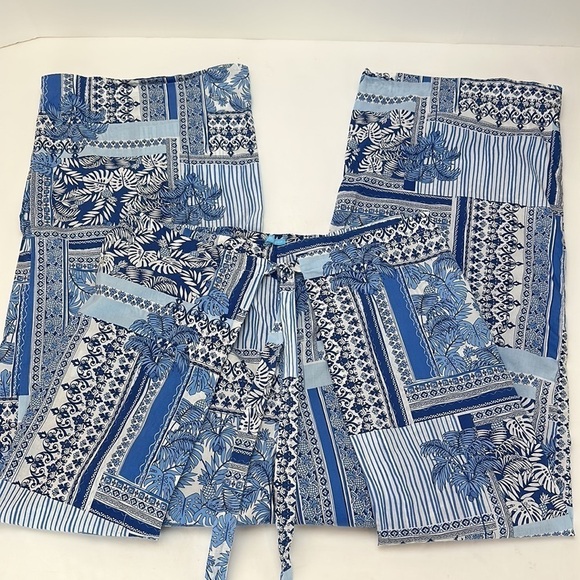 J. McLaughlin White Blue Palm Print Eugene Palazzo Pants M Wide Leg Patchwork - Picture 14 of 14